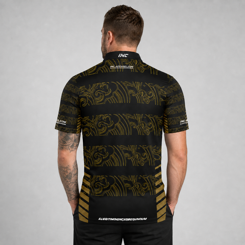 Back view of the Men and Youth Elegantia darts and pool shirt, showing the clean continuation of the sleek black and gold patterns.