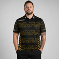 Front view of the Men and Youth Elegantia darts and pool shirt, featuring a premium black and gold performance team design.