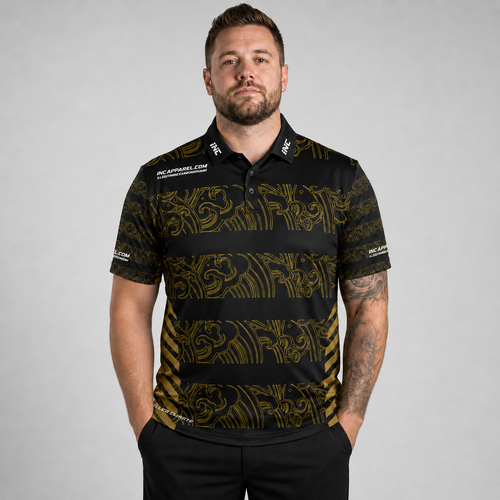 Front view of the Men and Youth Elegantia darts and pool shirt, featuring a premium black and gold performance team design.