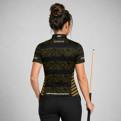 Back view of the Womens Elegantia darts and pool shirt, showing the clean continuation of the sleek black and gold patterns.