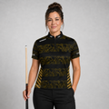 Front view of the Womens Elegantia darts and pool shirt, featuring a premium black and gold performance team design.