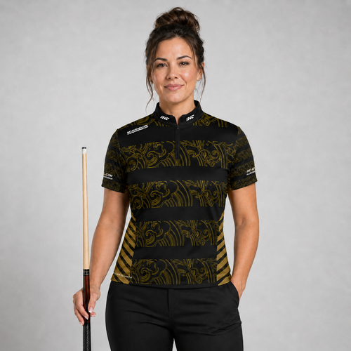 Front view of the Womens Elegantia darts and pool shirt, featuring a premium black and gold performance team design.