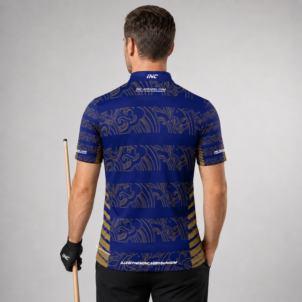 ack view of the Mens Elegantia darts and pool shirt, showing the clean continuation of the sleek blue and gold patterns.
