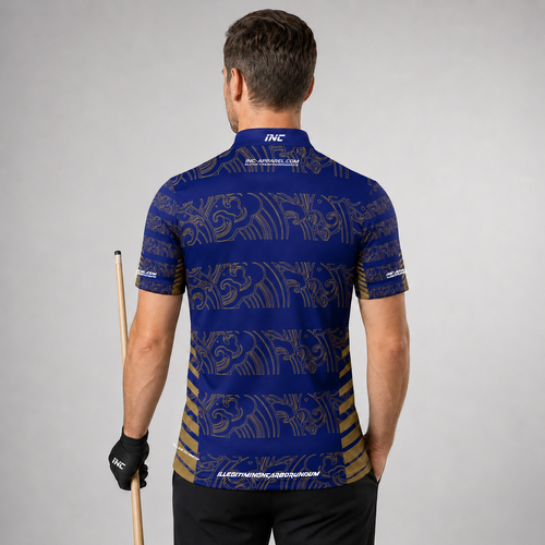 ack view of the Mens Elegantia darts and pool shirt, showing the clean continuation of the sleek blue and gold patterns.