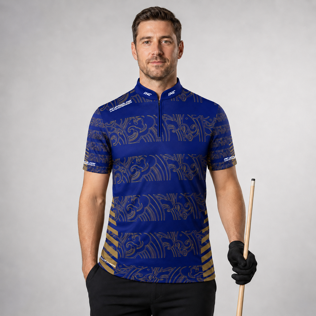 Front view of the Mens Elegantia darts and pool shirt, featuring a premium blue and gold performance team design.