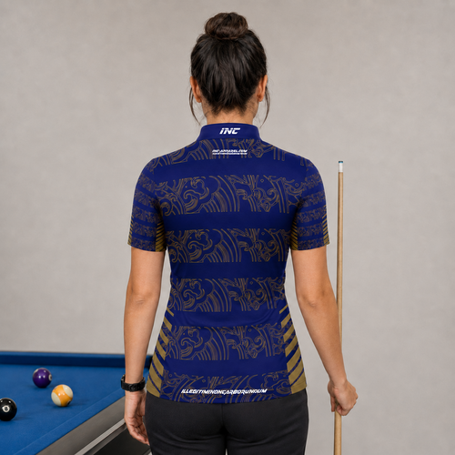 ack view of the Womens Elegantia darts and pool shirt, showing the clean continuation of the sleek blue and gold patterns.