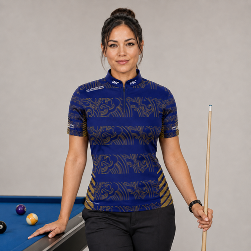 Front view of the Womens Elegantia darts and pool shirt, featuring a premium blue and gold performance team design.