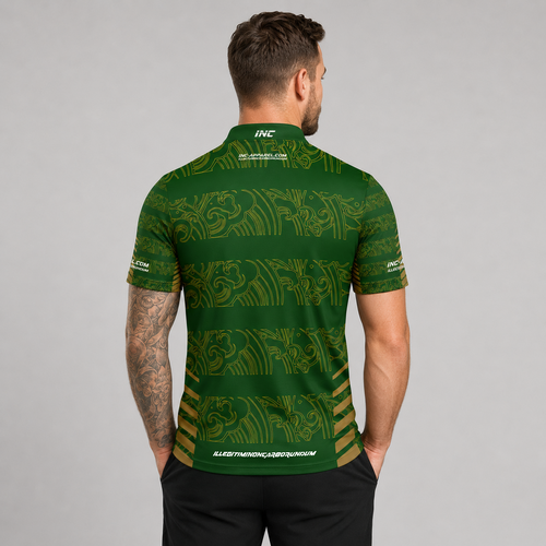 Back view of the Men and Youth Elegantia darts and pool shirt, showing the clean continuation of the sleek green and gold patterns.