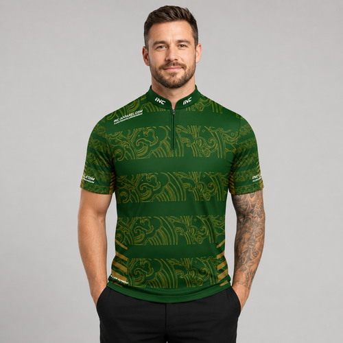 Front view of the Men and Youth Elegantia darts and pool shirt, featuring a premium green and gold performance team design.