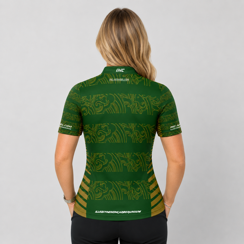 Back view of the Womens Elegantia darts and pool shirt, showing the clean continuation of the sleek green and gold patterns.