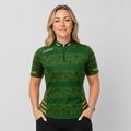 Front view of the Womens Elegantia darts and pool shirt, featuring a premium green and gold performance team design.