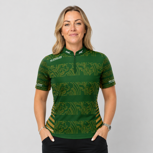 Front view of the Womens Elegantia darts and pool shirt, featuring a premium green and gold performance team design.