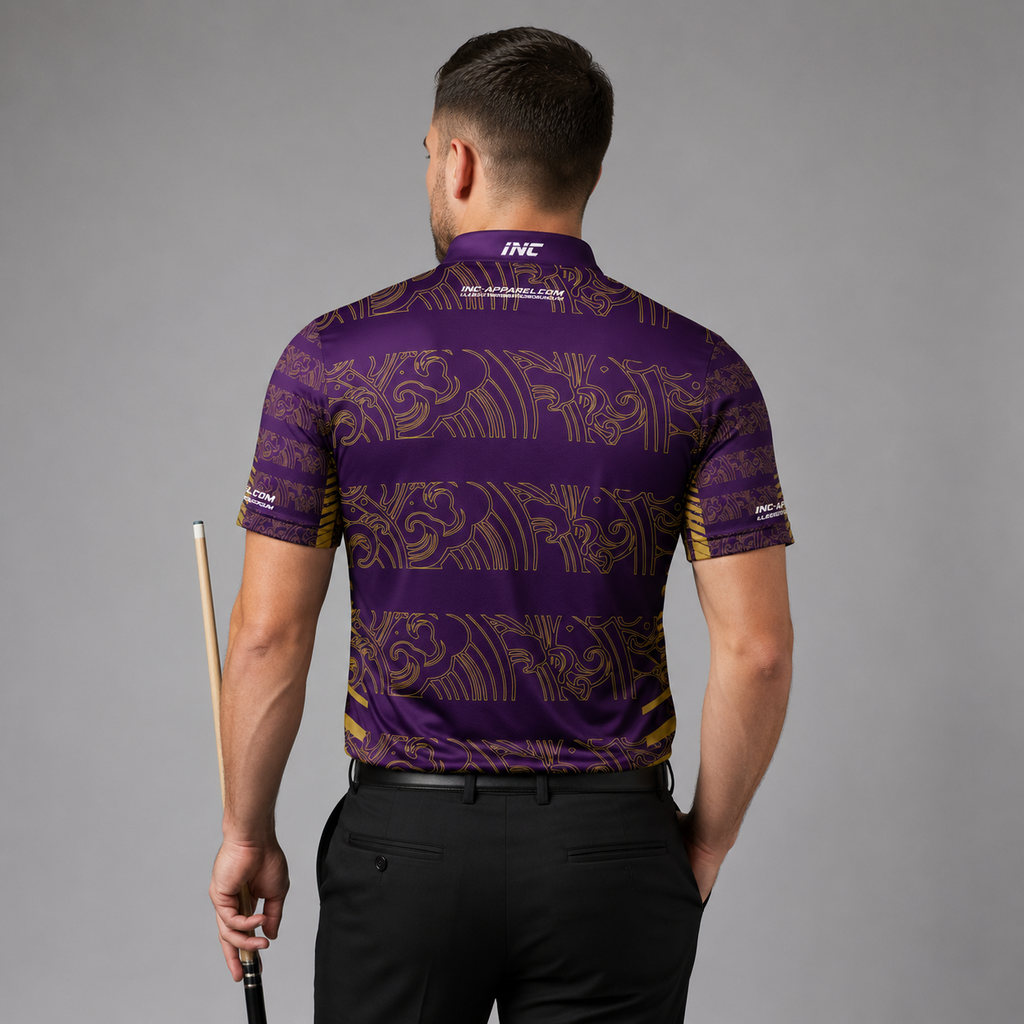 Back view of the Men and Youth Elegantia darts and pool shirt, showing the clean continuation of the sleek purple and gold patterns.