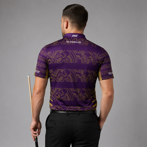 Back view of the Men and Youth Elegantia darts and pool shirt, showing the clean continuation of the sleek purple and gold patterns.