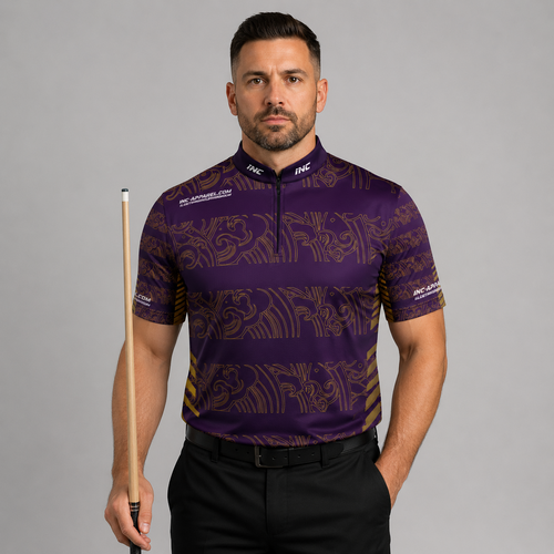 Front view of the Men and Youth Elegantia darts and pool shirt, featuring a premium purple and gold performance team design.