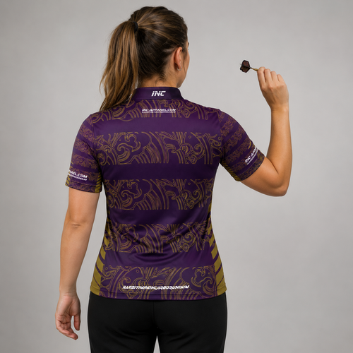 Back view of the Womens Elegantia darts and pool shirt, showing the clean continuation of the sleek purple and gold patterns.