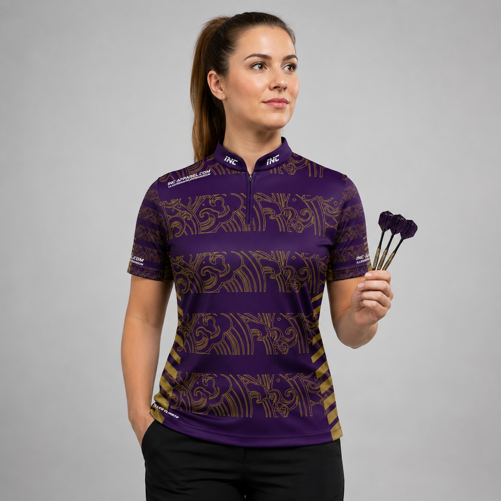Front view of the Womens Elegantia darts and pool shirt, featuring a premium purple and gold performance team design.