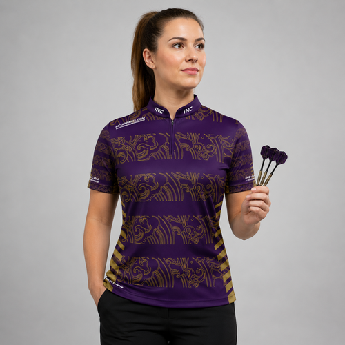 Front view of the Womens Elegantia darts and pool shirt, featuring a premium purple and gold performance team design.