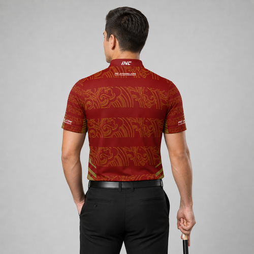 Back view of the Men and Youth Elegantia darts and pool shirt, showing the clean continuation of the sleek red and gold patterns.