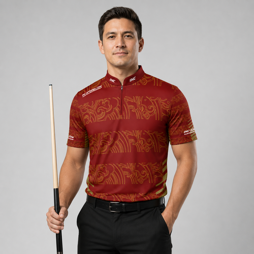 Front view of the Men and Youth Elegantia darts and pool shirt, featuring a premium red and gold performance team design.