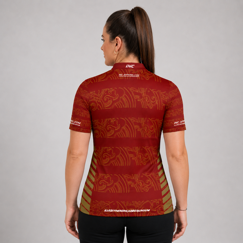 Back view of the Womens Elegantia darts and pool shirt, showing the clean continuation of the sleek red and gold patterns.