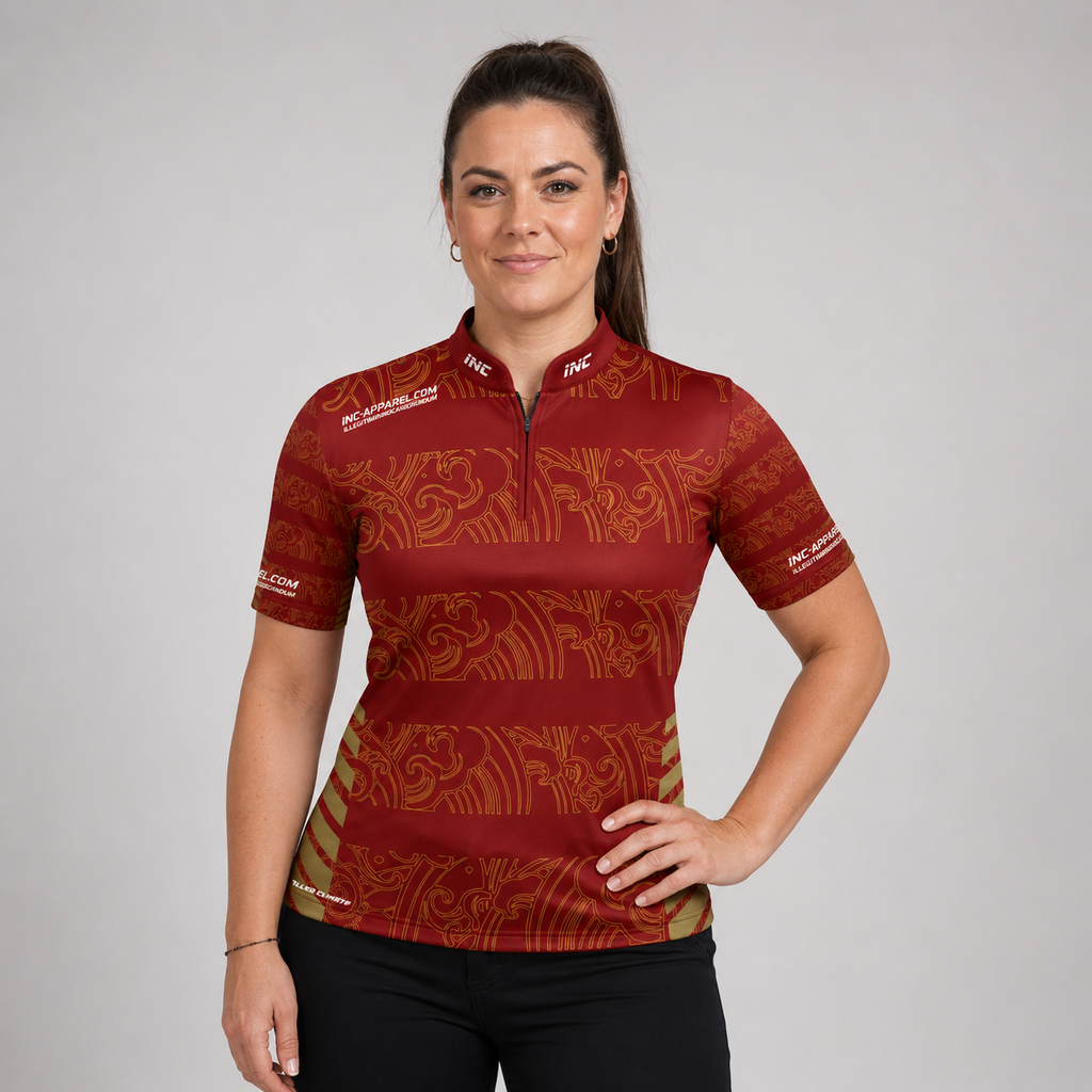 Front view of the Womens Elegantia darts and pool shirt, featuring a premium red and gold performance team design.