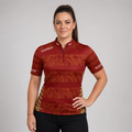 Front view of the Womens Elegantia darts and pool shirt, featuring a premium red and gold performance team design.