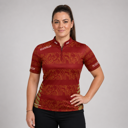 Front view of the Womens Elegantia darts and pool shirt, featuring a premium red and gold performance team design.