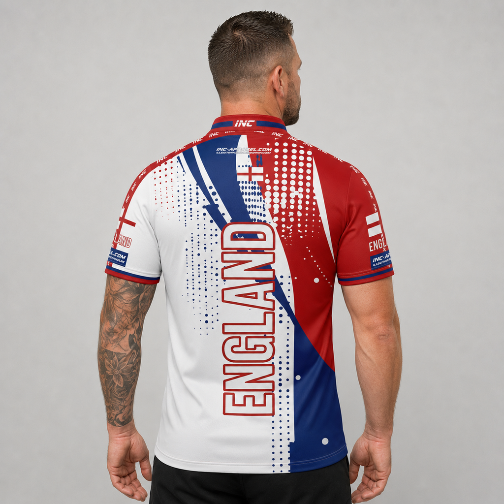 Back view of the Men and Youth England custom darts and pool shirt, highlighting the clean layout optimized for custom player name and number personalization.