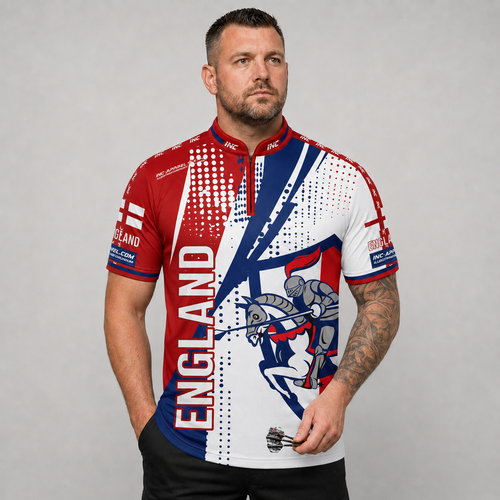 Front view of the Men and Youth England custom darts and pool shirt, featuring a premium national team athletic jersey design.