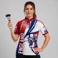 Front view of the Womens England custom darts and pool shirt, featuring a tailored athletic jersey design with national team colors.