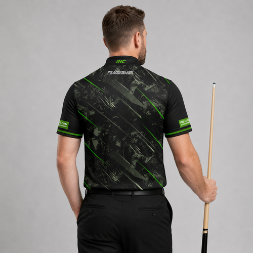 Back view of the Men and Youth Fatum Manus Black custom pool shirt, showing space for custom player names and team graphics.