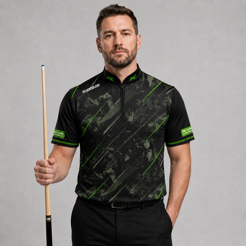 Front view of the Men and Youth Fatum Manus Black custom pool shirt, featuring a premium personalized performance design.