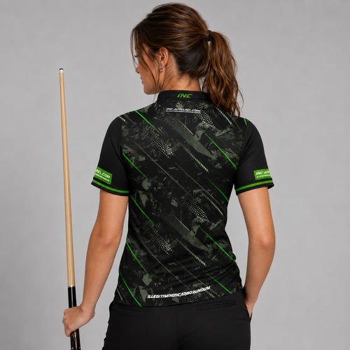 Back view of the Womens Fatum Manus Black custom pool shirt, showing space for custom player names and team graphics.