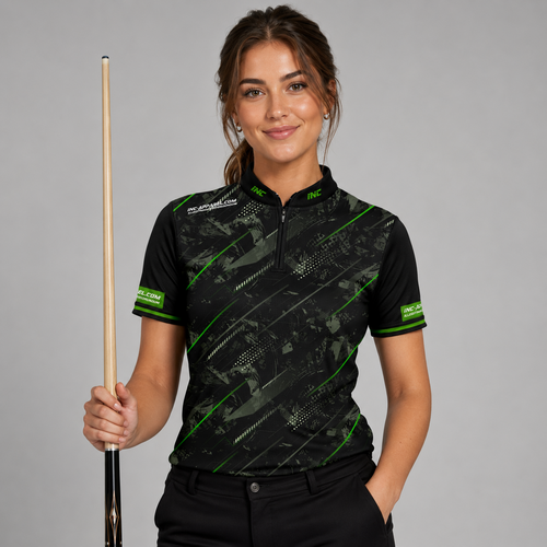 Front view of the Womens Fatum Manus Black custom pool shirt, featuring a premium personalized performance design.