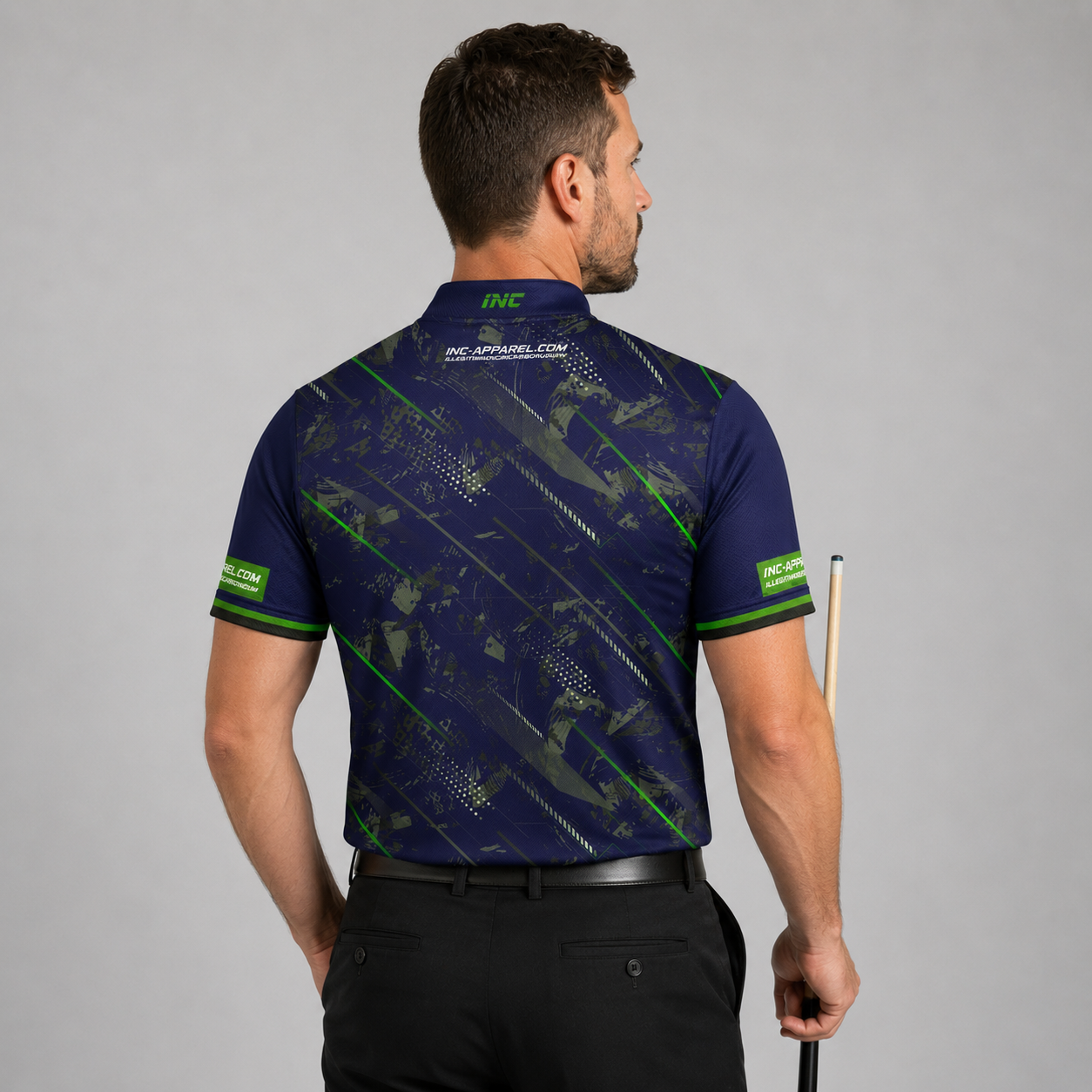 Back view of the Men and Youth Fatum Manus Blue custom pool shirt, showing space for custom player names and team graphics.