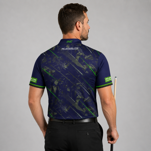 Back view of the Men and Youth Fatum Manus Blue custom pool shirt, showing space for custom player names and team graphics.