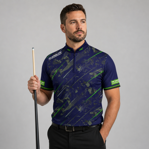 Front view of the Men and Youth Fatum Manus Blue custom pool shirt, featuring a premium personalized performance design.