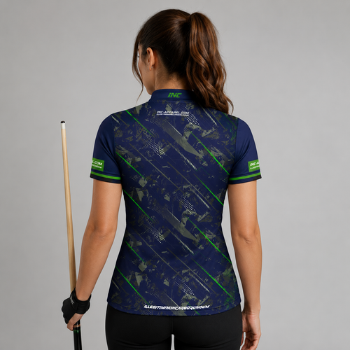 Back view of the Womens Fatum Manus Blue custom pool shirt, showing space for custom player names and team graphics.