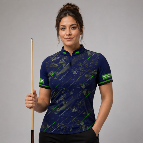 Front view of the Womens Fatum Manus Blue custom pool shirt, featuring a premium personalized performance design.