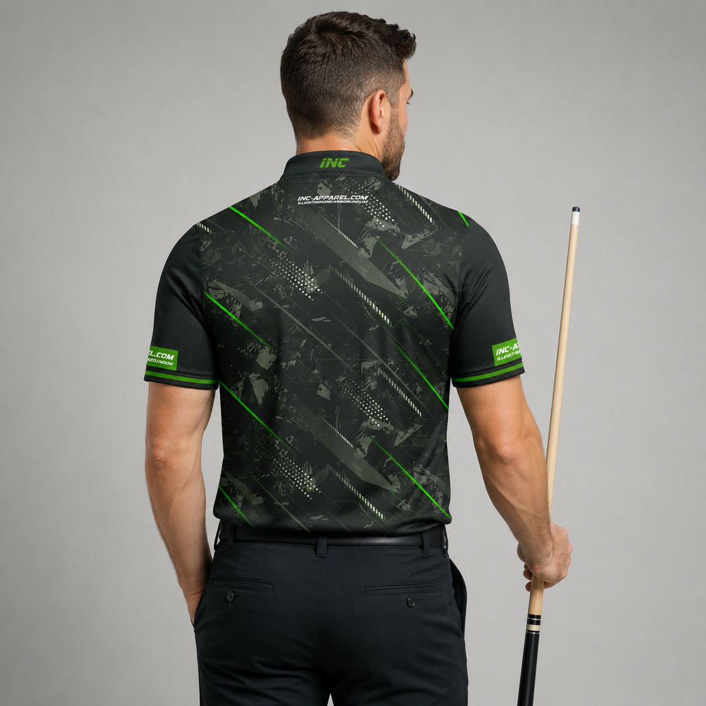 Back view of the Men and Youth Fatum Manus Green custom pool shirt, showing space for custom player names and team graphics.