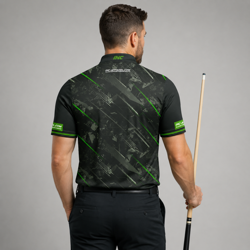 Back view of the Men and Youth Fatum Manus Green custom pool shirt, showing space for custom player names and team graphics.