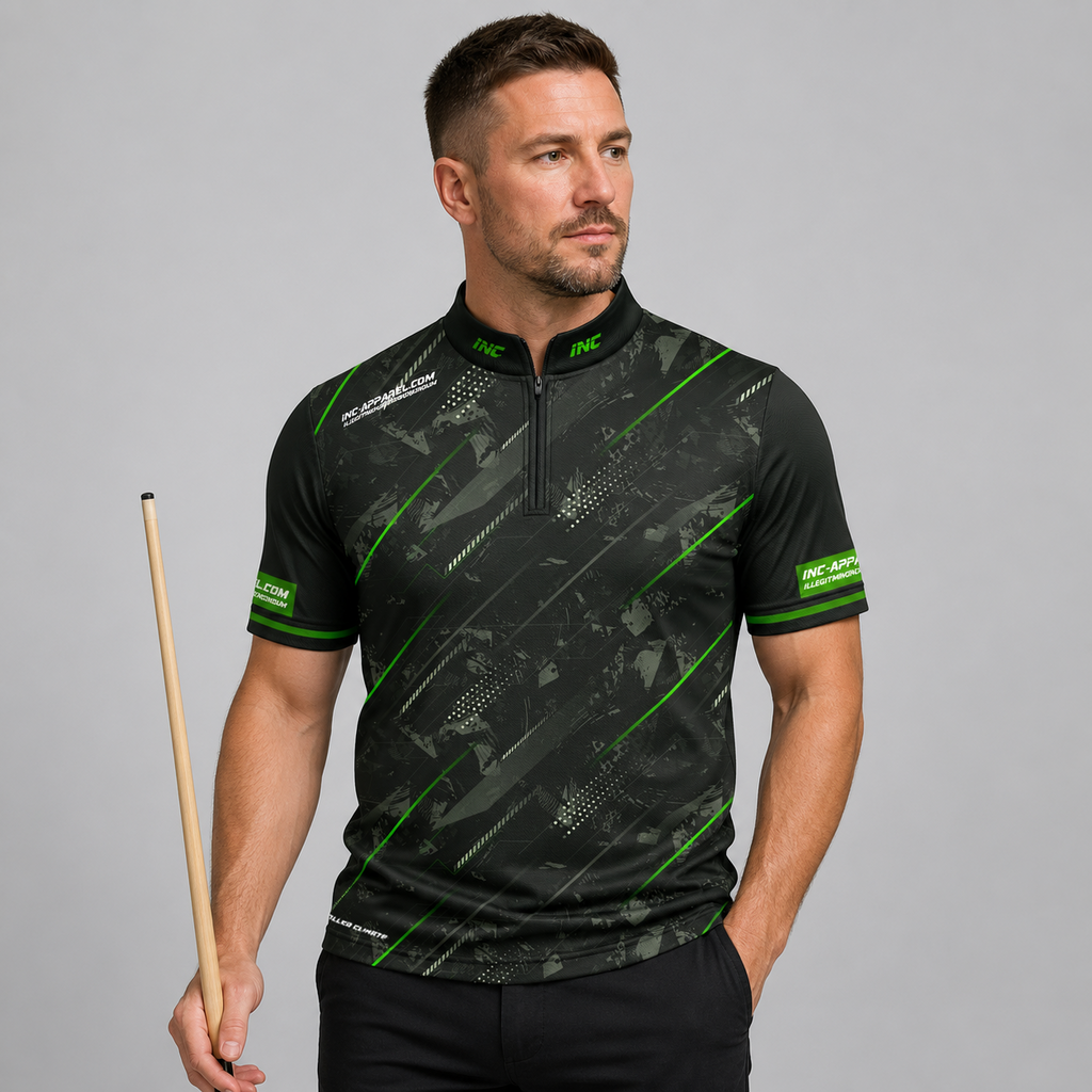 Front view of the Men and Youth Fatum Manus Green custom pool shirt, featuring a premium personalized performance design.