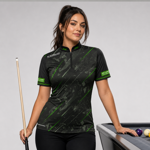 Front view of the Womens Fatum Manus Green custom pool shirt, featuring a premium personalized performance design.