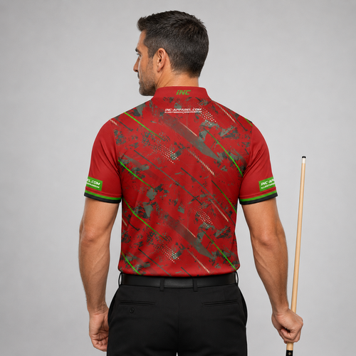 Back view of the Men and Youth Fatum Manus Red custom pool shirt, showing space for custom player names and team graphics.