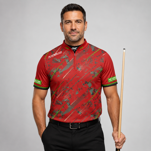 Front view of the Men and Youth Fatum Manus Red custom pool shirt, featuring a premium personalized performance design.