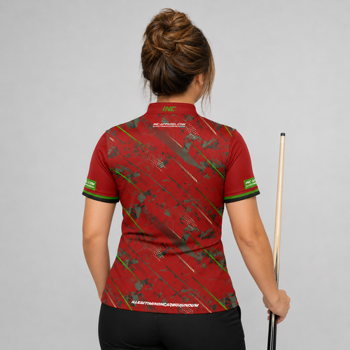 Back view of the Womens Fatum Manus Red custom pool shirt, showing space for custom player names and team graphics.