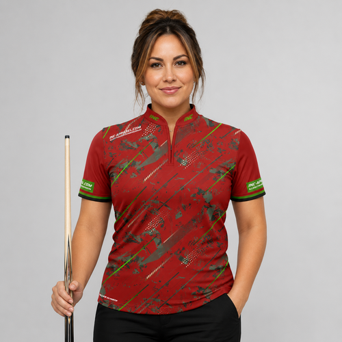 Front view of the Womens Fatum Manus Red custom pool shirt, featuring a premium personalized performance design.