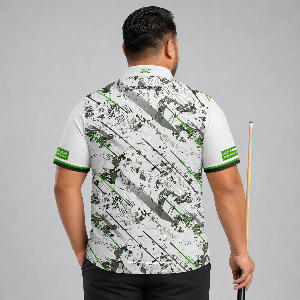 Back view of the Men and Youth Fatum Manus White custom pool shirt, showing space for custom player names and team graphics.
