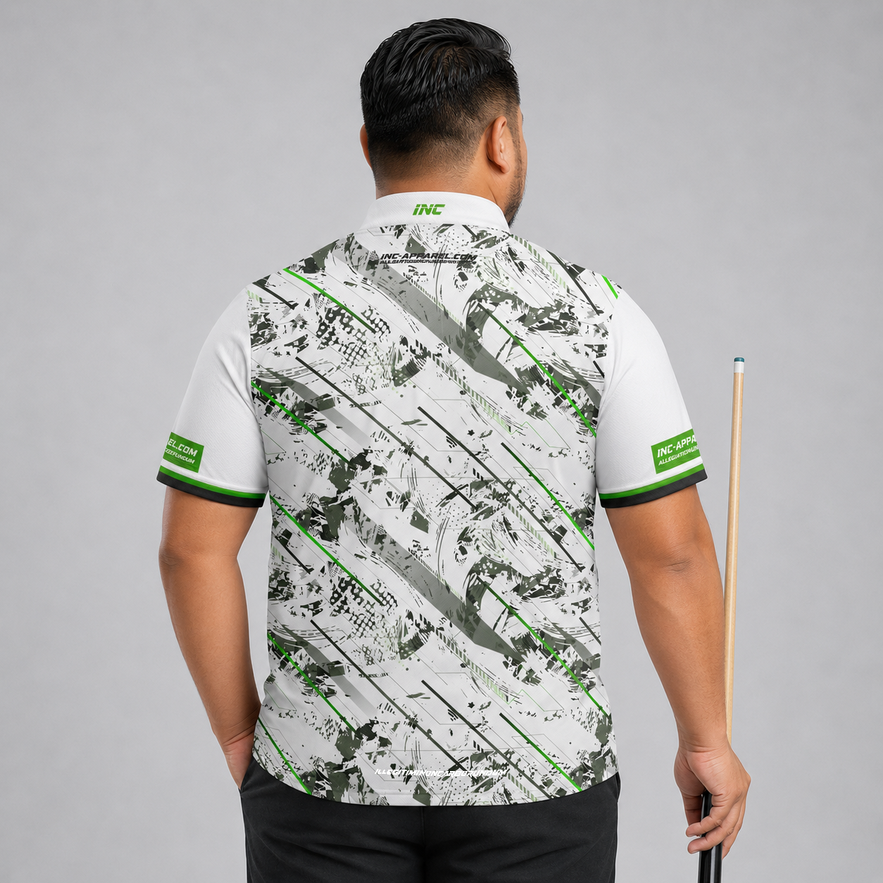 Back view of the Men and Youth Fatum Manus White custom pool shirt, showing space for custom player names and team graphics.
